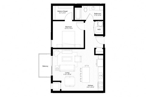 Floor plan for 1 bed, 1 bath, 745 sqft